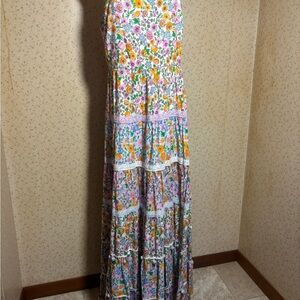 NWOT Crown & Ivy Floral Tiered Maxi Dress Pom Pom Trim Smocked Back